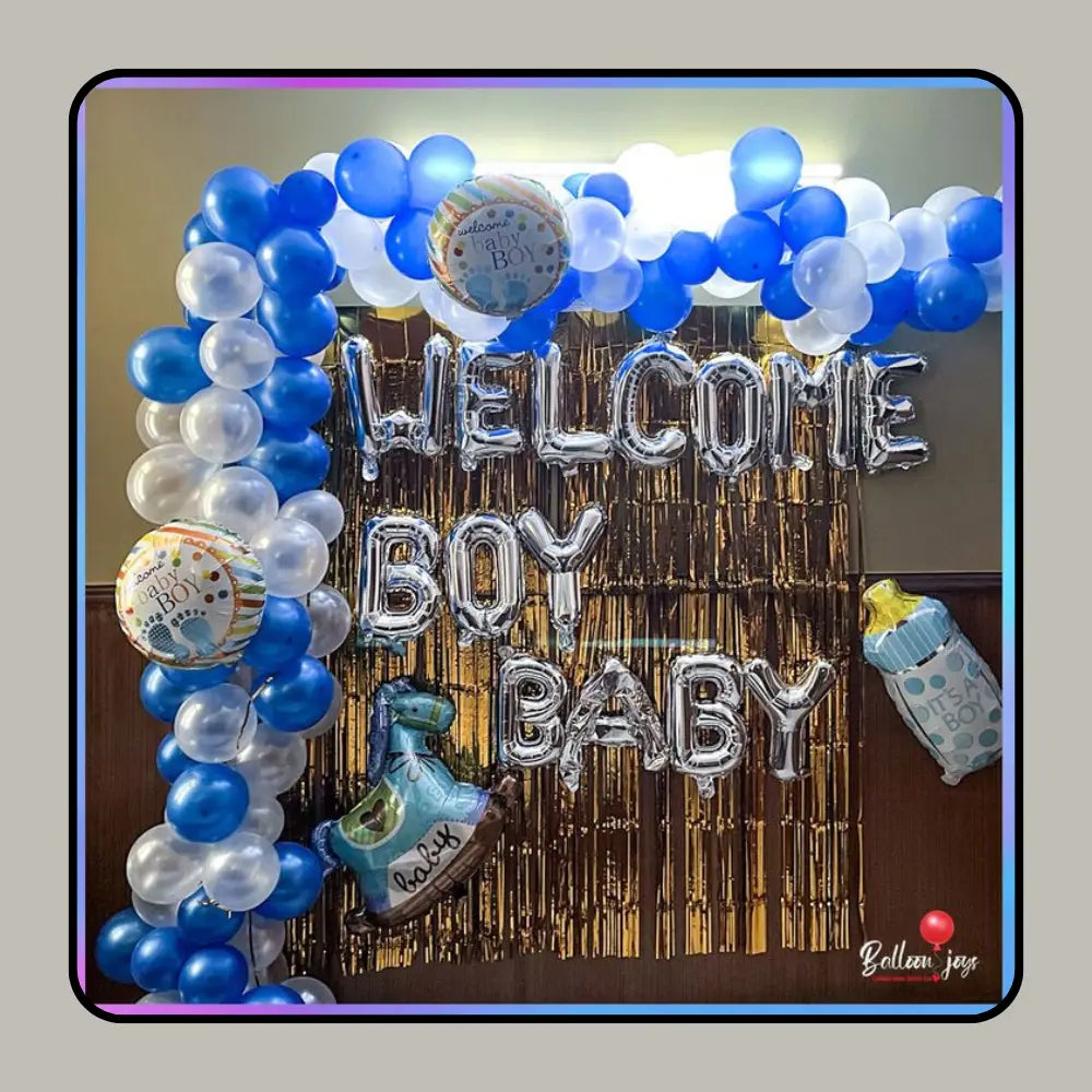 Welcome Baby Decoration Kit | Royal Blue Balloon Arch Set with Gold Foil Letters & Baby Boy Theme Decor