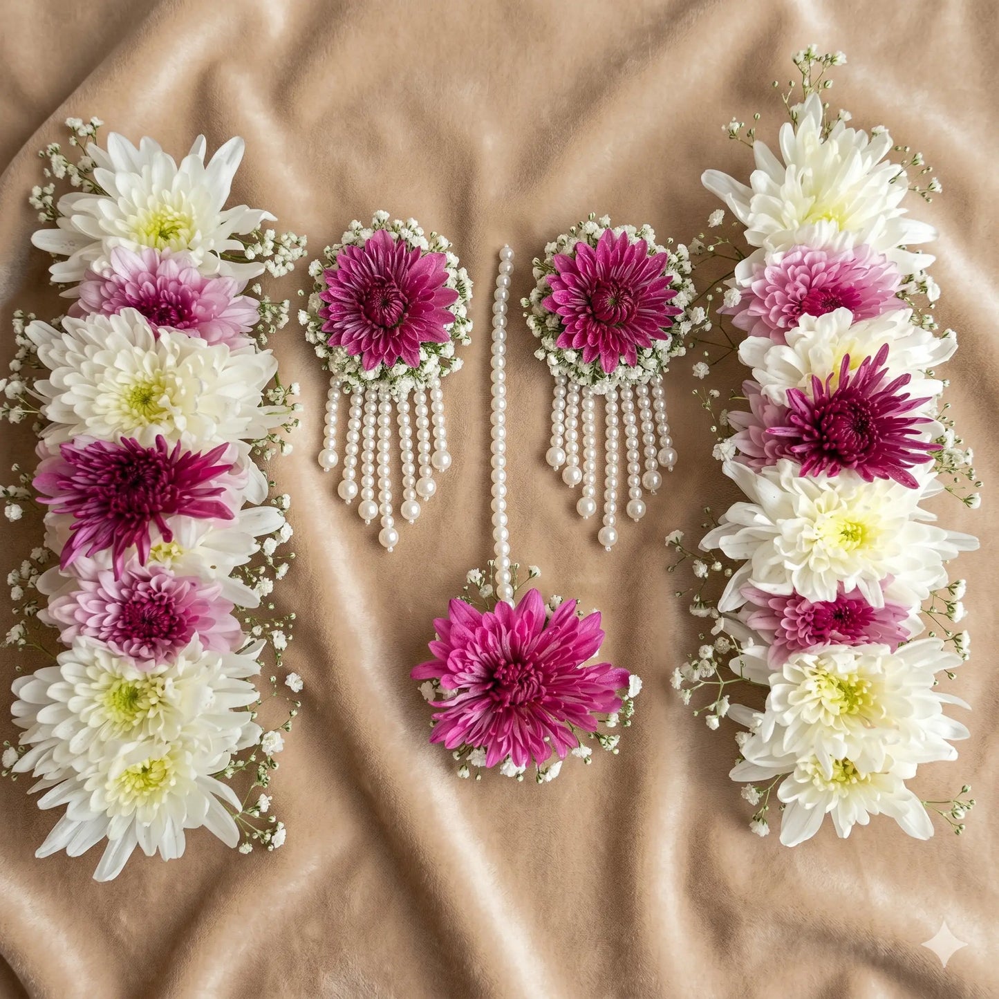 Magenta & White Chrysanthemum Floral Jewelry Set with Pearls