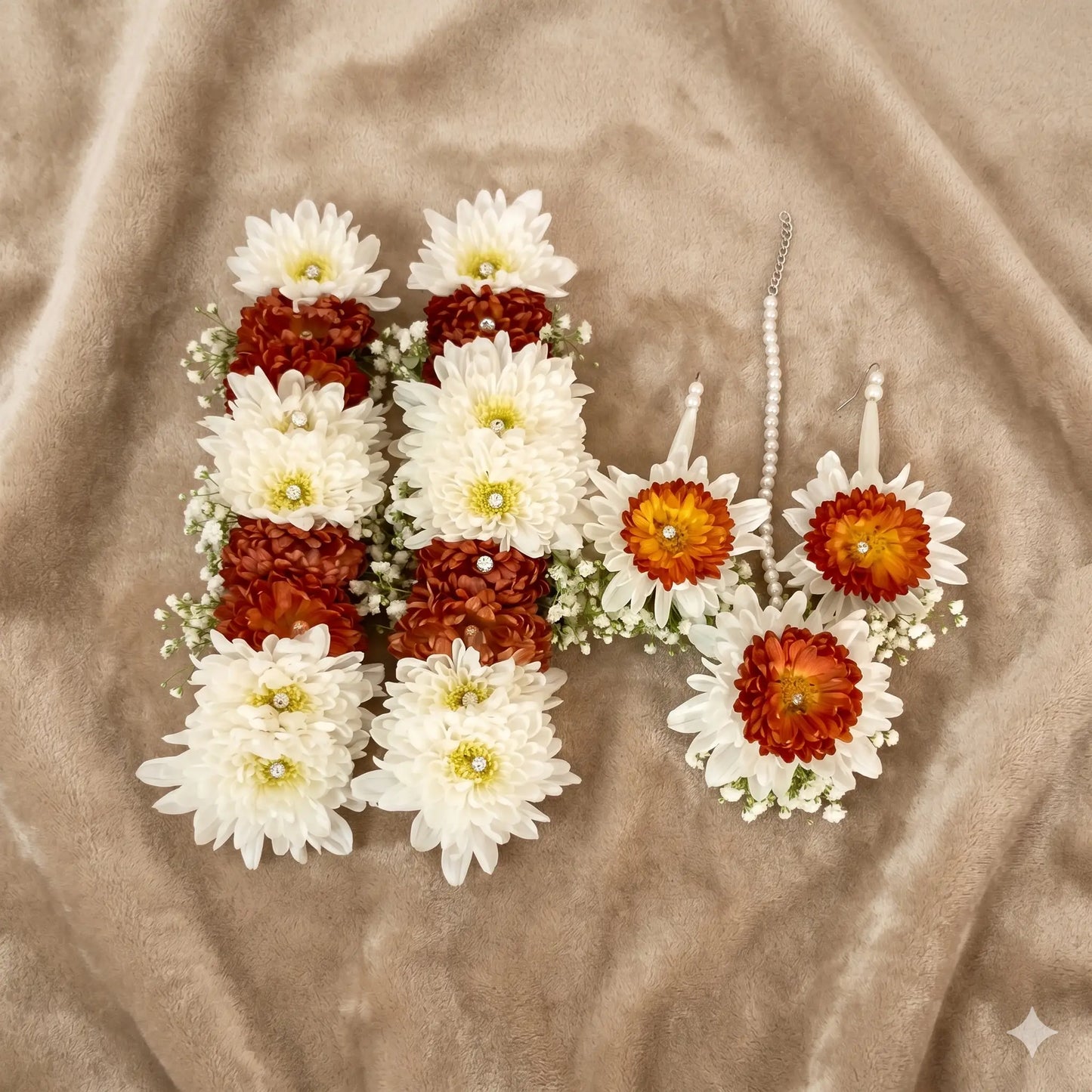 Rust Orange & White Chrysanthemum Floral Jewelry Set