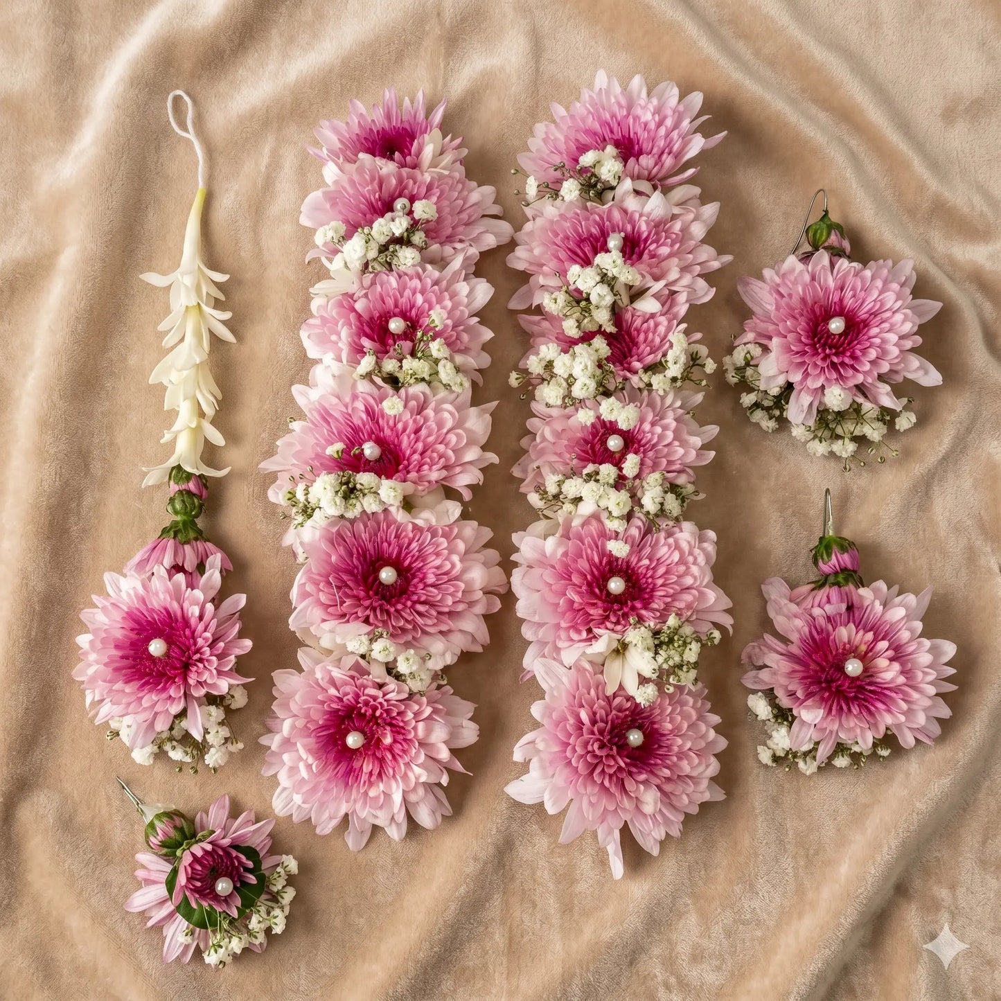 Pink Ombre Chrysanthemum Floral Jewelry Set with Pearls