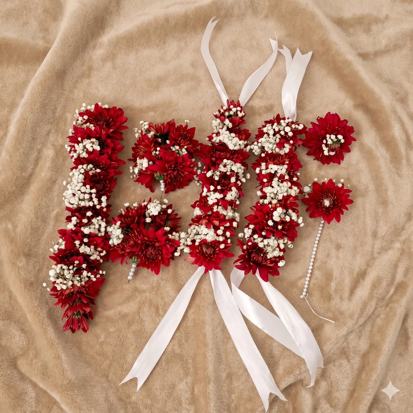 Complete Crimson Fresh Floral Bridal Ensemble with Ribbons