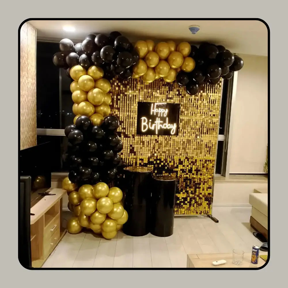 Midnight Gold Shimmer Wall Birthday Setup
