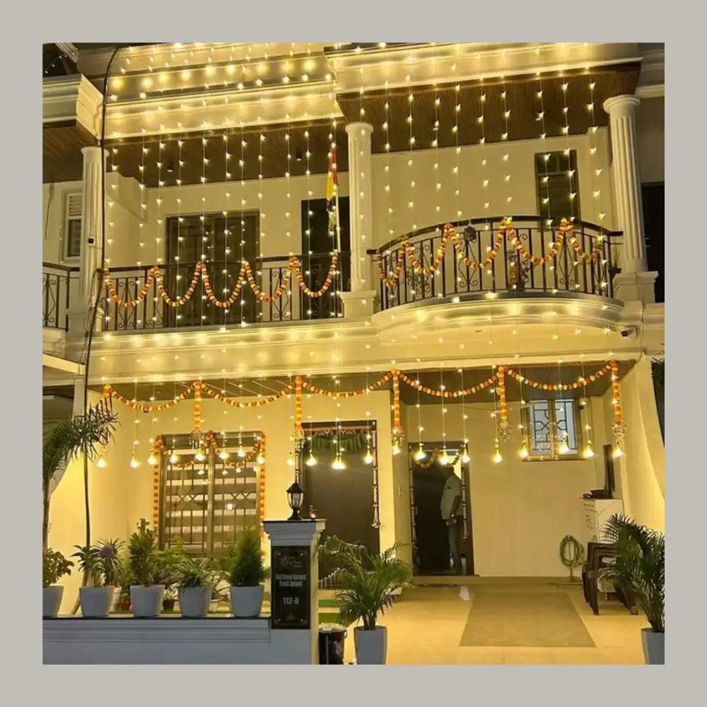 Traditional Shadi Home Decor with Marigold Garlands and LED Waterfall Lights