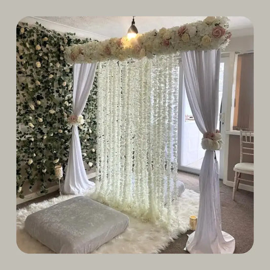 Intimate Home Nikah Backdrop with Blush and White Florals