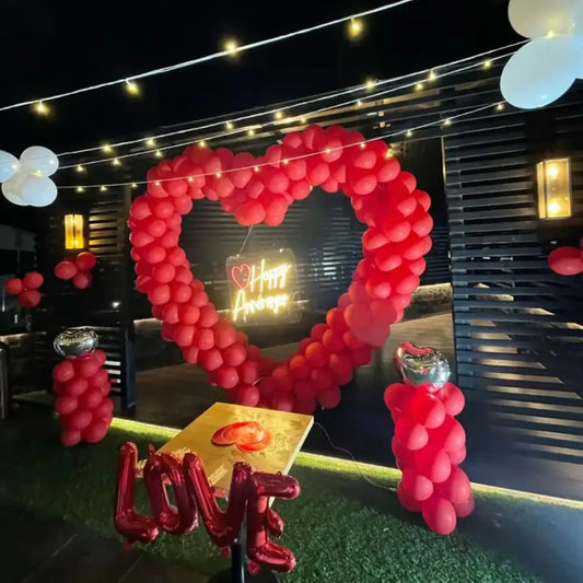 Romantic Heart-Shaped Balloon Arch & Neon "Happy Anniversary" Decor Set