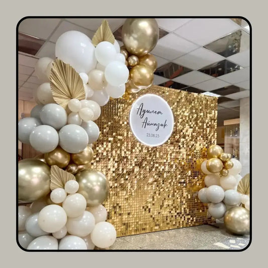 Luxe Boho-Glam Shimmer Wall & Personalized Celebration Backdrop