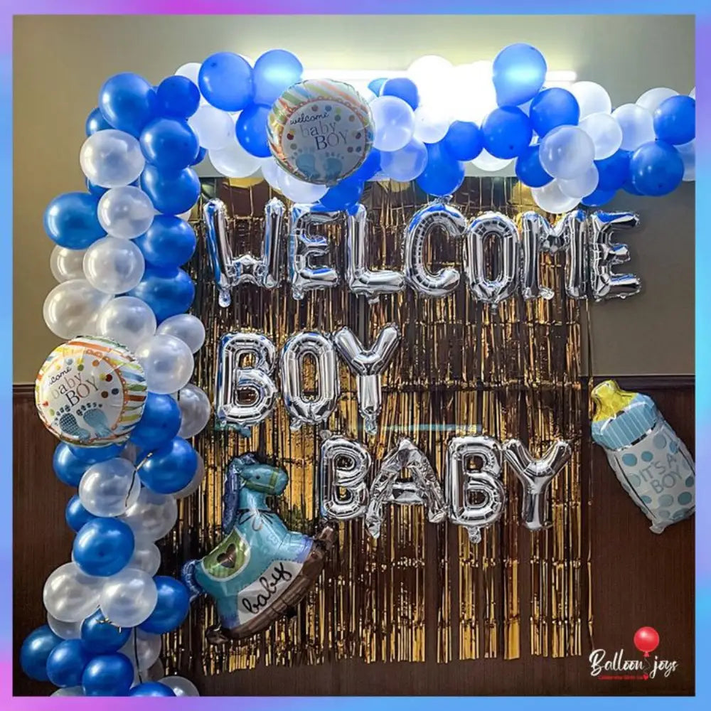 Welcome Baby Decoration Kit | Royal Blue Balloon Arch Set with Gold Foil Letters & Baby Boy Theme Decor