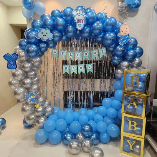 Welcome Baby Boy Decoration Setup | Royal Blue Balloon Arch with BABY Boxes & Foil Banner Kit