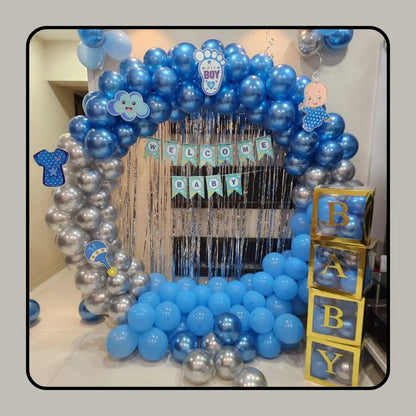 Welcome Baby Boy Decoration Setup | Royal Blue Balloon Arch with BABY Boxes & Foil Banner Kit