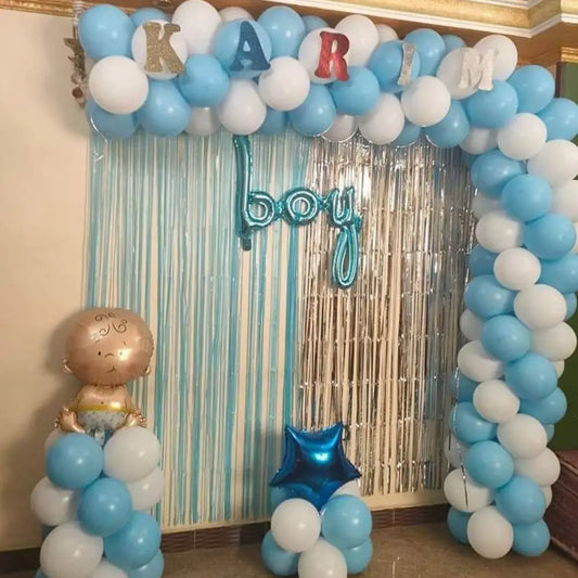 Customized Baby Boy Welcome Decoration | Name Balloon Arch Setup with Blue & White Theme