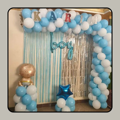 Customized Baby Boy Welcome Decoration | Name Balloon Arch Setup with Blue & White Theme