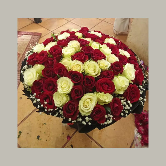 Luxury Red & White Rose Hand-Tied Bouquet with Baby's Breath Accents
