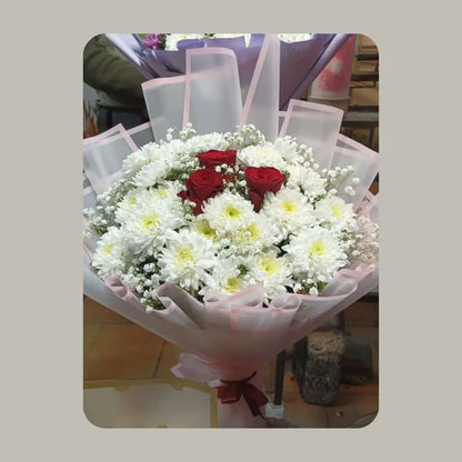 White Chrysanthemum & Red Rose Fusion Bouquet in Soft Pink Korean Wrapping