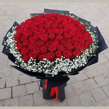 Premium Midnight Red Rose Bouquet with White Gypsophila Halo and Matte Black Wrap
