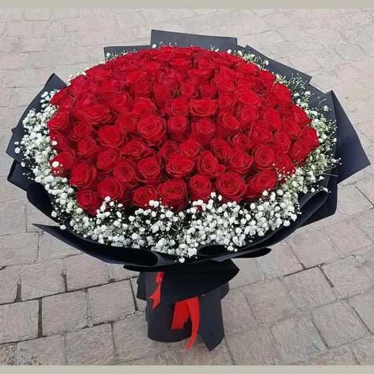 Premium Midnight Red Rose Bouquet with White Gypsophila Halo and Matte Black Wrap