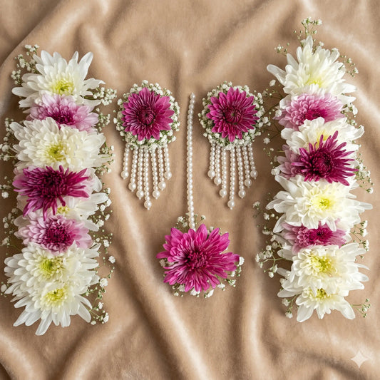 Magenta & White Chrysanthemum Floral Jewelry Set with Pearls