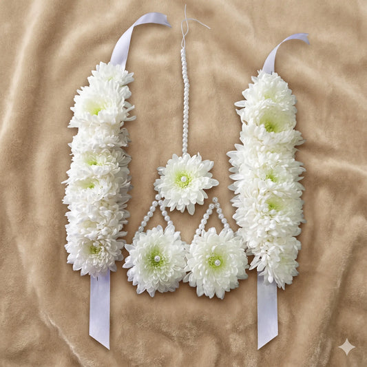 Pristine White Chrysanthemum & Pearl Floral Jewelry Set