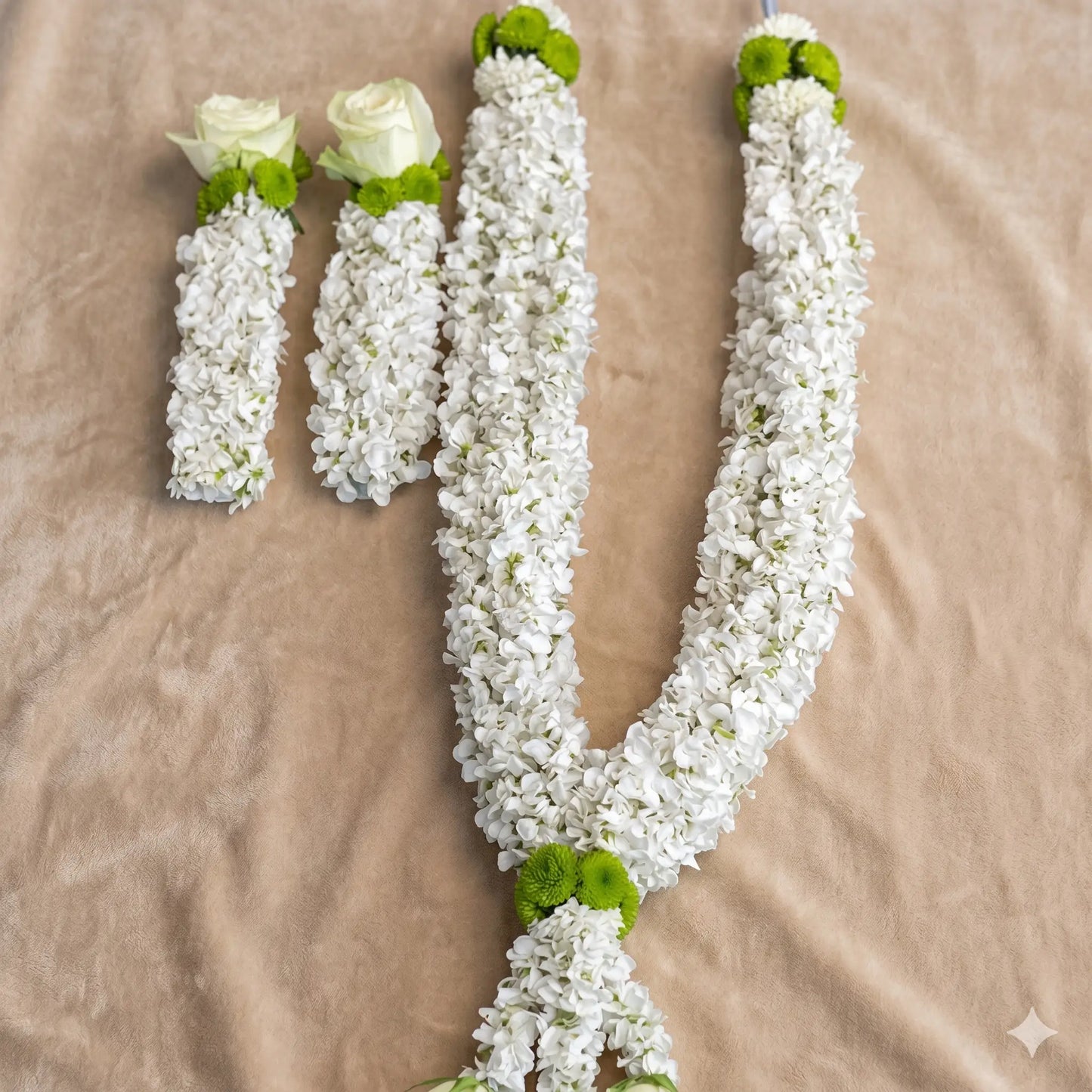 Pristine White Floral Varmala Set with Green Accents
