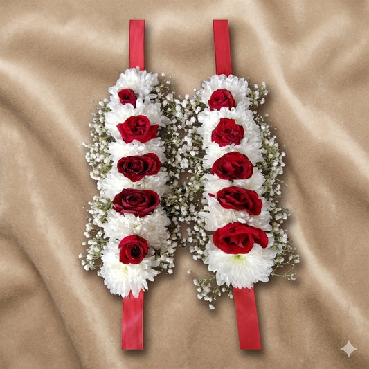 Crimson Rose & White Chrysanthemum Ribbon Gajra Set