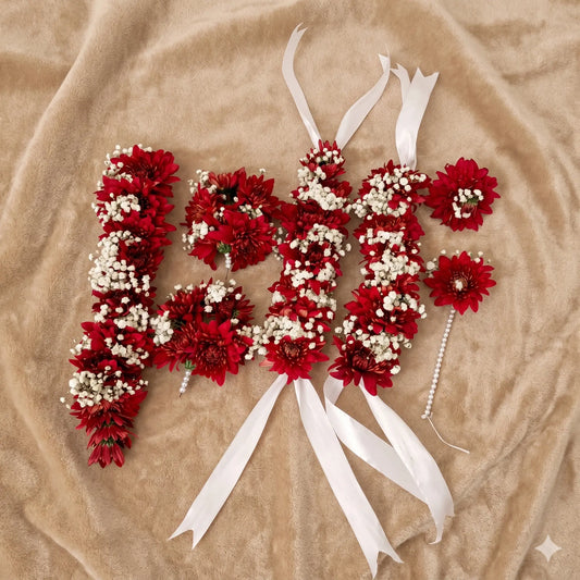 Complete Crimson Fresh Floral Bridal Ensemble with Ribbons