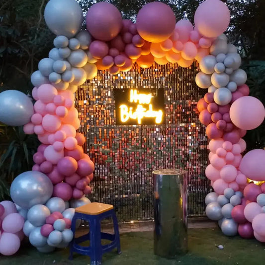 Luxe Rose Gold & Burgundy Circle Arch – Premium Metallic Balloon Hoop with Neon Sign for Elegant Birthday Celebrations