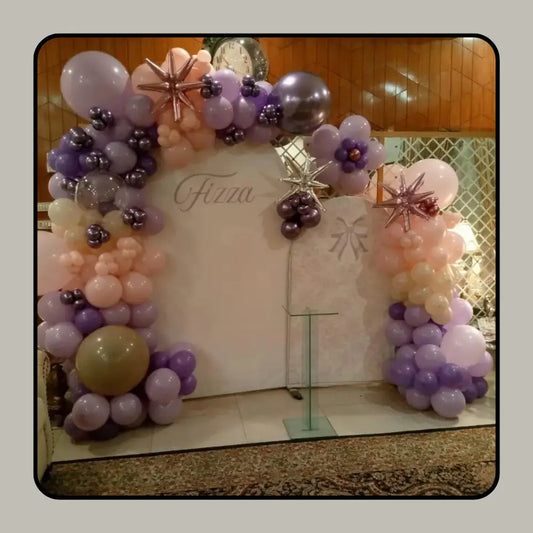 Personalized Lavender and Peach Birthday Backdrop – Double Arched Panel with Starburst Accents