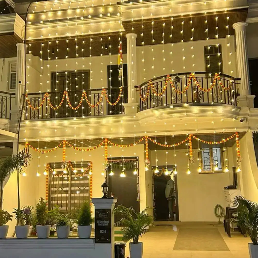 Traditional Shadi Home Decor with Marigold Garlands and LED Waterfall Lights