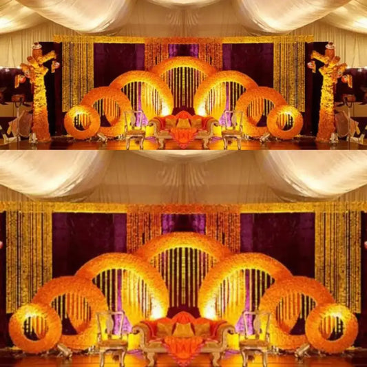 Elegant Floral Mehndi Stage Decor with Golden Circular Arch Design