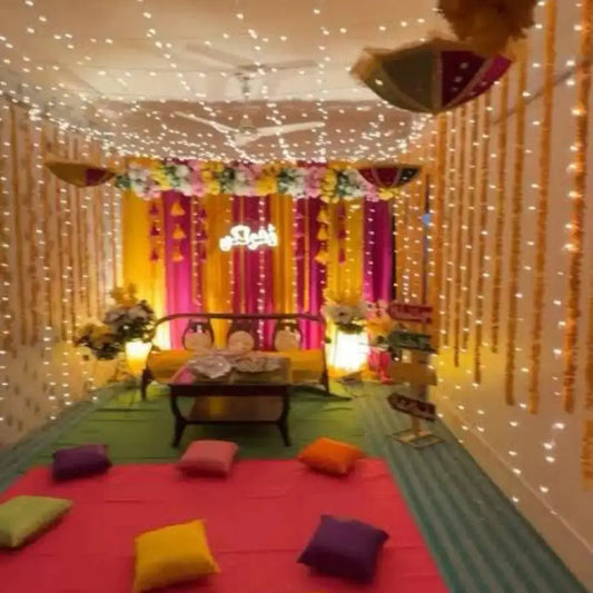 Lively Dholki Night Decor with Neon Sign and Fairy Light Canopy