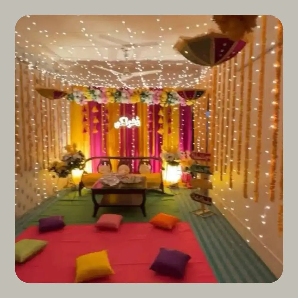 Lively Dholki Night Decor with Neon Sign and Fairy Light Canopy