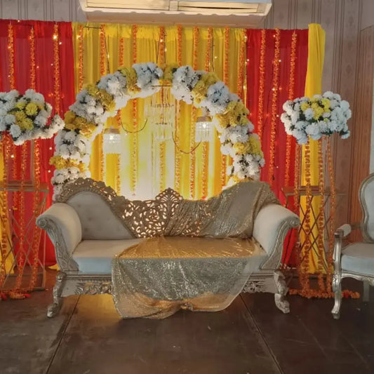 Luxury Gold and Red Mehndi Stage with Floral Ring Backdrop