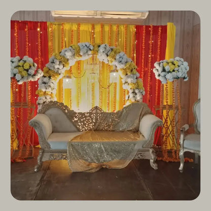 Luxury Gold and Red Mehndi Stage with Floral Ring Backdrop