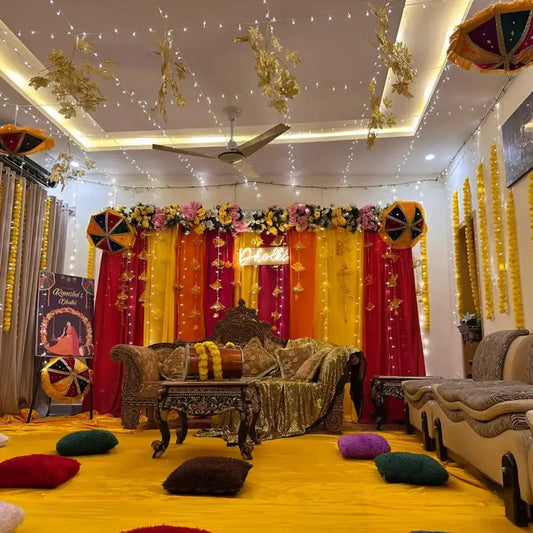 Grand Dholki Stage Decor with Neon Signage and Fairy Light Canopy