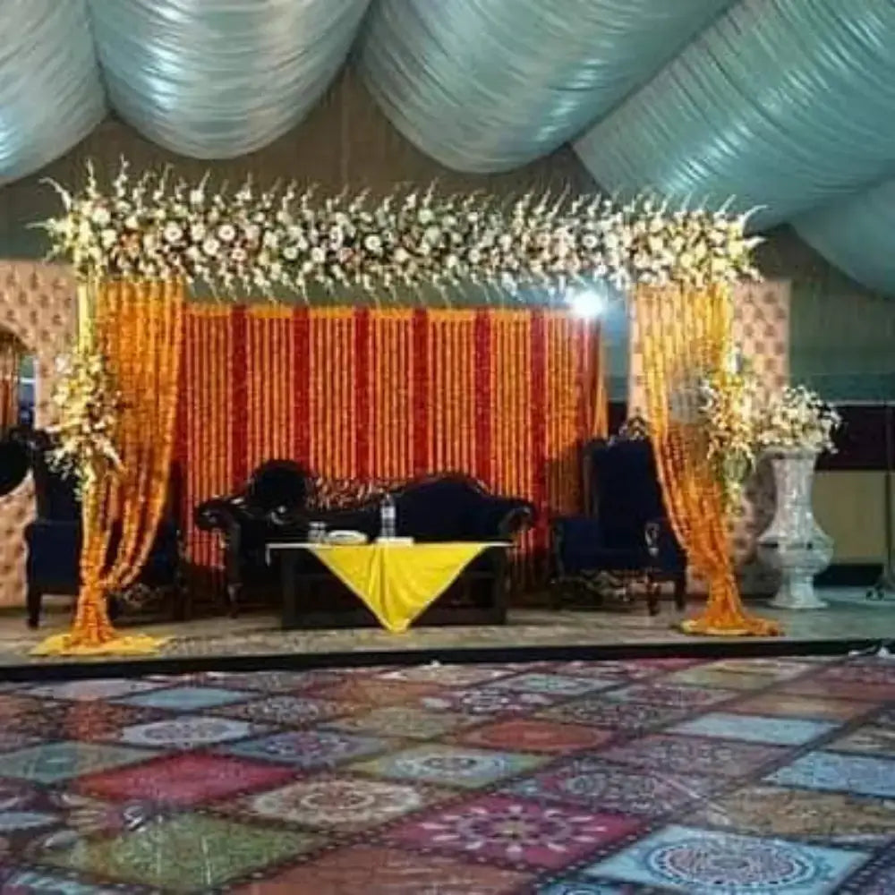 Traditional Marigold Backdrop Mehndi Stage with Navy Blue Velvet Seating