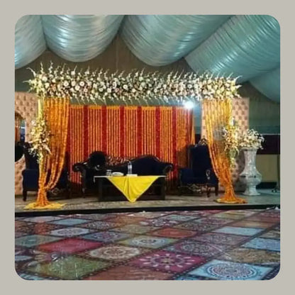 Traditional Marigold Backdrop Mehndi Stage with Navy Blue Velvet Seating
