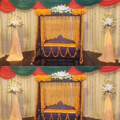 Traditional Wooden Mehndi Jhoola with Marigold Garlands and Drapery