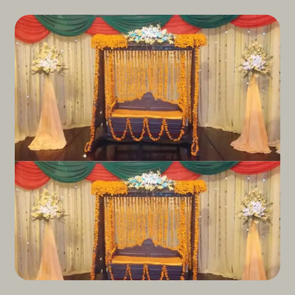 Traditional Wooden Mehndi Jhoola with Marigold Garlands and Drapery
