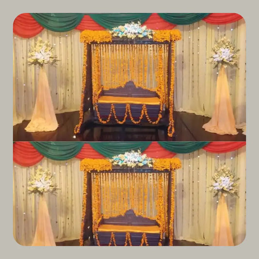 Traditional Wooden Mehndi Jhoola with Marigold Garlands and Drapery
