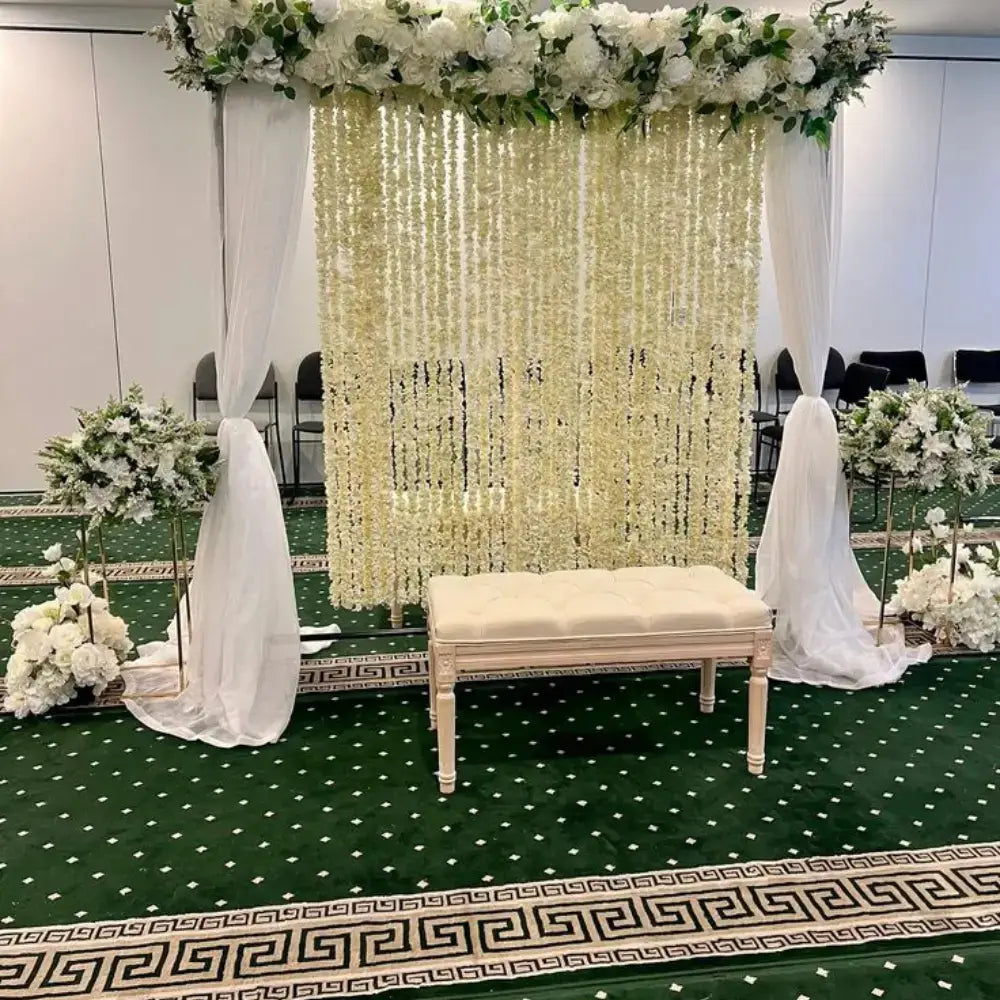 Classic White Floral Nikah Stage Backdrop with Side Pedestals