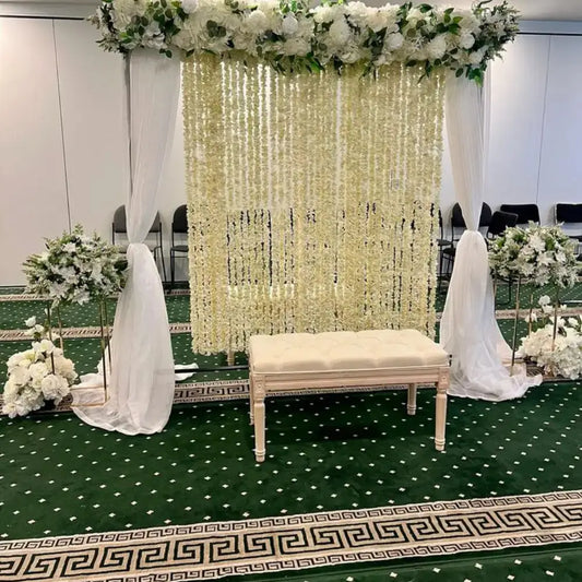 Classic White Floral Nikah Stage Backdrop with Side Pedestals