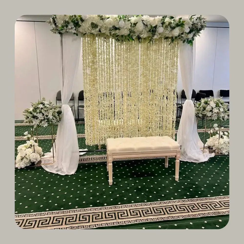Classic White Floral Nikah Stage Backdrop with Side Pedestals