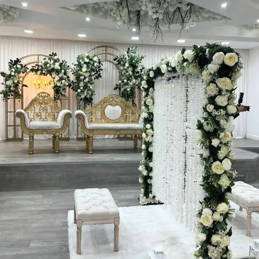 Grand White Floral Arch and Gold Nikah Stage Decor