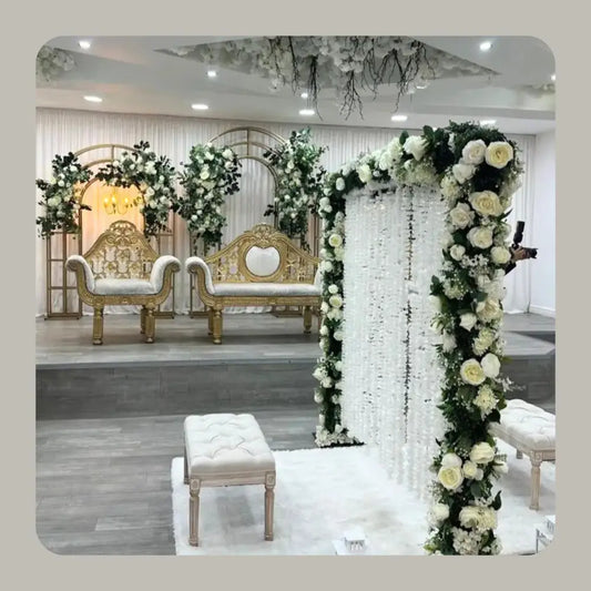 Grand White Floral Arch and Gold Nikah Stage Decor