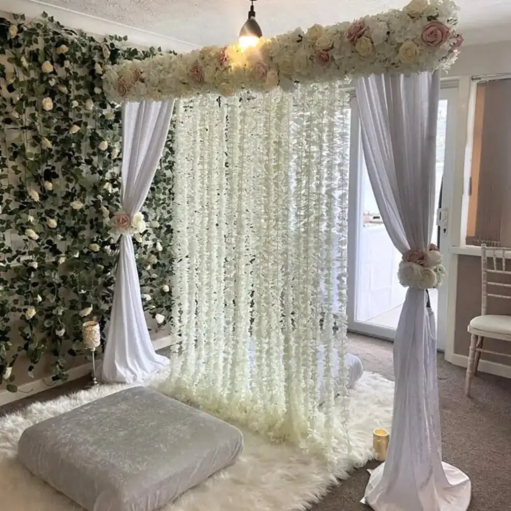 Intimate Home Nikah Backdrop with Blush and White Florals