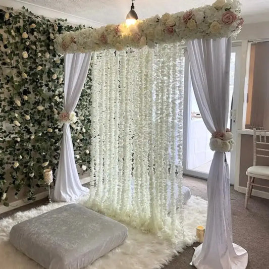 Intimate Home Nikah Backdrop with Blush and White Florals