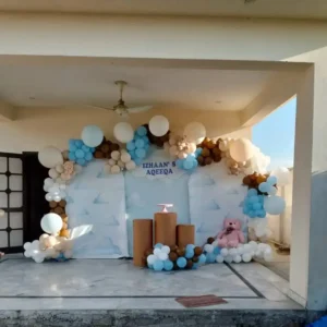 Teddy Bear Theme Aqeeqa Decoration with Cloud Backdrop and Blue and Brown Balloons