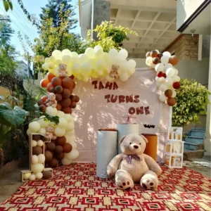 Teddy Bear First Birthday Decoration with Cream and Brown Balloon Garland and Giant Teddy