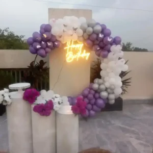 Purple, White and Silver Balloon Ring Rooftop Birthday Decoration with Neon Sign and Butterflies