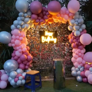 Pink and Grey Balloon Arch Garden Birthday Decoration with Sequin Wall and Neon Sign