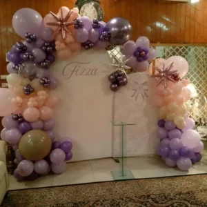 Lilac and Peach Balloon Garland Birthday Decoration with Starburst Balloons and Arch Backdrop